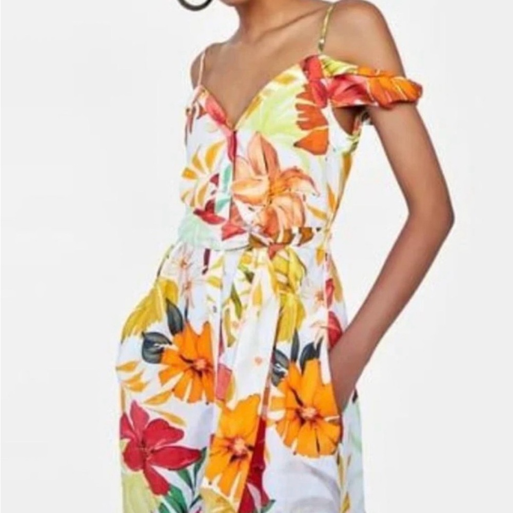 Zara Floral Off-Shoulder Linen Dress XS